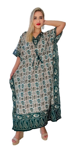 Vestido Kaftan Indiano Longo Estampado Plus Size - Cod. 100