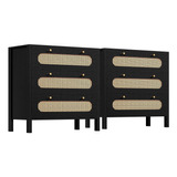 Dwvo Black Natural Rattan Wood Drawer Dresser Set Of 2 With.