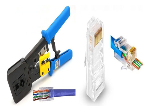 Combo Pinza Crimpeadora Rj45 Cat 6 + 10 Fichas Cat 6 Pasante