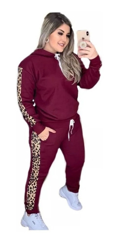 Conjunto Feminino Calça Blusa Animal Print Onça Moletom 