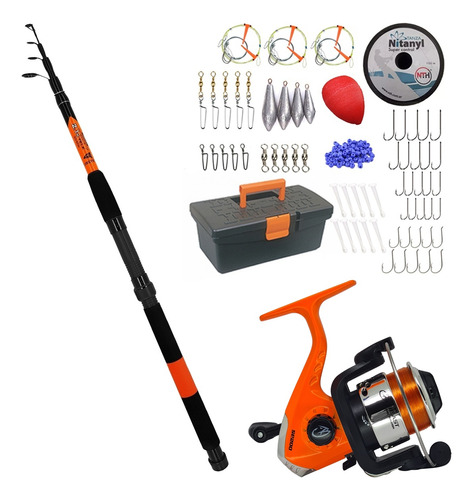 Kit Pesca Caña Telescopica 2.40 + Reel + Caja Completa Rio 