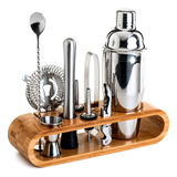 Set De Coctelería Barman 9 Piezas + Base Madera Profesional 