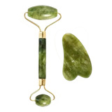 Massageador Facial Pedra Jade Roller + Guasha Pedra Natural