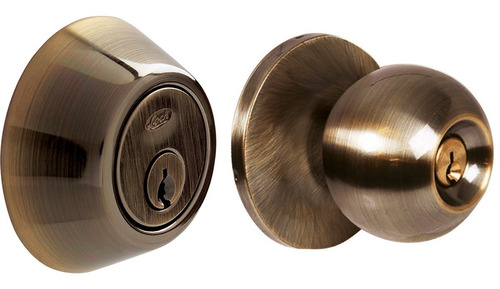 Combo Pomo Bola Y Cerrojo Doble Tubular Latón Antiguo Lock Color Dorado Oscuro