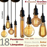 18 Luminárias Pendente Compl + 18 Lâmpadas Retro Vintage Td