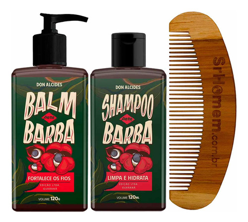 Kit Balm Shampoo Pente Curvo Para Barba Guaraná Don Alcides