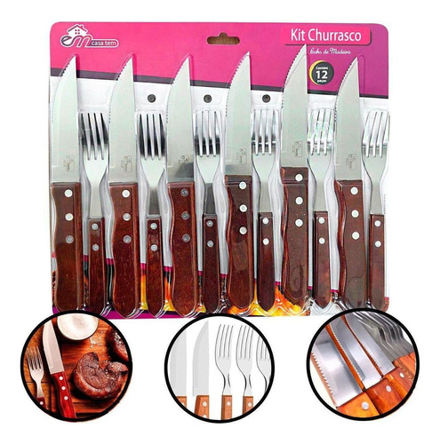 Conjunto Talheres 12pçs Churrasco Inox Madeira Férias Comida