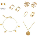 Juego Joyas 6 Anillos, 2 Aretes, Pulsera Estrellas, Cadena 