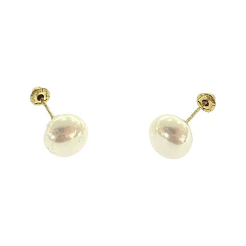 Arete Broquel Perla Natural Oro 10k Kt 6mm / Mujer 2 Piezas