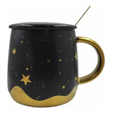 Mug Con Diseños Dorados De Estrellas Con Tapa Y Cuchara