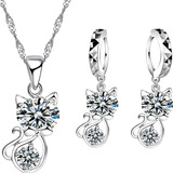 Plata 925 Conjunto Set Gato Cristal Collar Aros Cadena Mujer