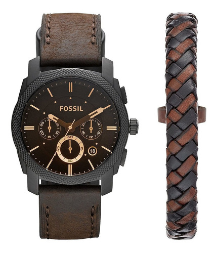 Relógio De Pulso Fossil Machine Chronograph And Bracelet Box Set Com Corpo Preto,  Analógico, Para Masculino, Fundo  Preto, Com Correia De Couro Cor Marrom-escuro, Agulhas Cor Marrom E Dourado, Subdia