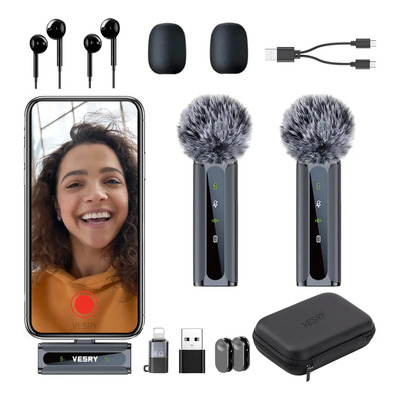 VESRY S06 Kit De Micrófonos Inalambrico Lavalier Solapa Para iPhone Android Celular Pc Gamer Micrófono Condensador Omnidireccional Con Pompón Antiviento Auriculares De Monitoreo Y Estuche | Envío gratis