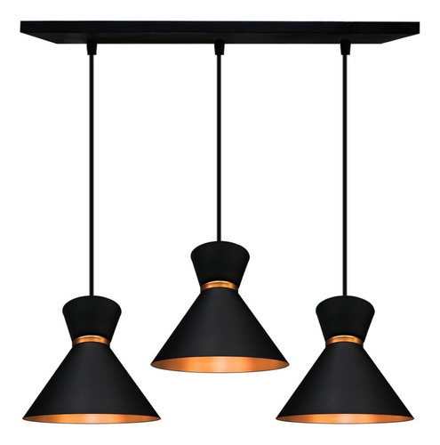 Pendente Lustre Luxo Rainha Triplo Preto C/ Cobre 