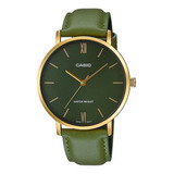 Reloj Pulsera Casio Dress Mtp-vt01 De Cuerpo Color Dorado, Analógico, Para Hombre, Fondo Verde, Con Correa De Cuero Color Verde, Agujas Color Dorado, Dial Dorado, Bisel Color Dorado Y Hebilla Simple