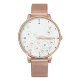 Reloj Para Dama Elegante Analogo Flores Moda Casual Correa Rose Gold / Plata