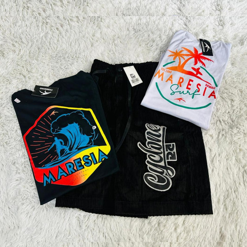 Kit Bermuda Da Cyclone Veludo Chavoza + 2 Camisetas Maresia