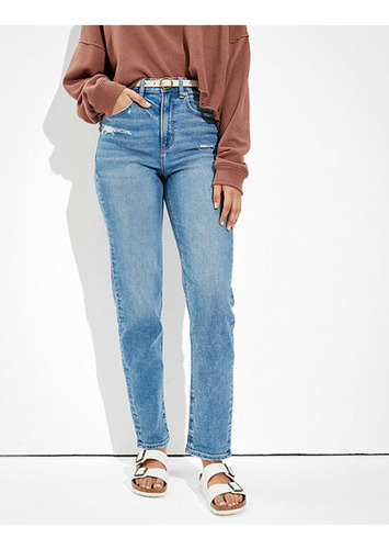 Ae Stretch Straight Mom Jeans Fresh Blue