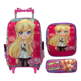 Kit Mochila Infantil Escolar Feminina Rodinhas Polly Pocket