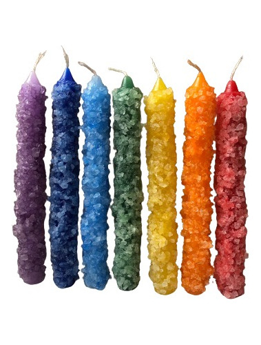 Kit Com 07 Velas Palito - Cores Do 7 Chakras Com Sal Grosso