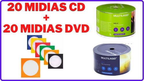 20 Midia Cd-r Multilaser + 20 Dvd-r Multilaser Nos Envelopes