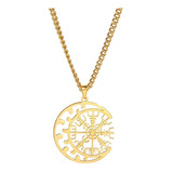 Collar Con Dije De Acero Luna Amuleto Vegvísir Hombre Mujer