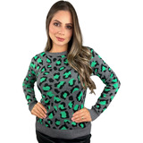 Blusa Feminina Tricot Moda Inverno Frio Animal Print Onça