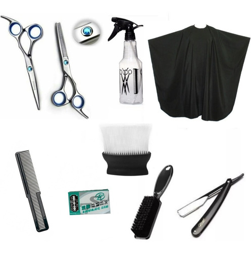 Kit Set Barberia Capa Tijeras Cepillo Navaja Peines Rociador