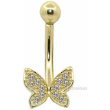 Piercing Umbigo Borboleta Pave Brilhante Zircônias Ouro 18k