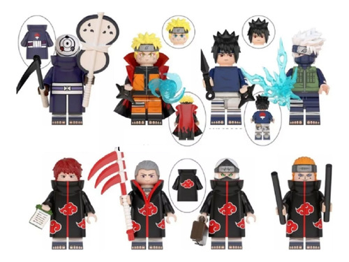  Kit C/8 Naruto Mini Bonecos Blocos De Montar Hatake Uchiha