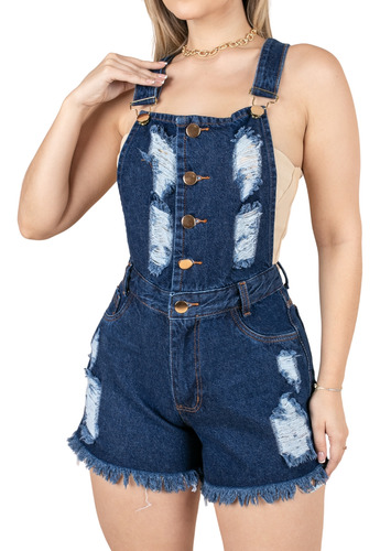 Jardineira Jeans Feminina Short Com Botões Frontais Desfiado