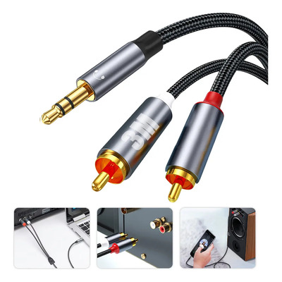 LUCHEFAT 3m Cable Rca Auxiliar Audio jack 3.5mm A 2 Rca.Conectar y usar,convertidor rca auxiliar.para Celular,iPad, iPod,Tv Inteligente, Reproductor Mp3\u002FMp4,Tableta, Pc,Proyector,PS 4\u002F5\u002FXbox etc. | Meses sin interés