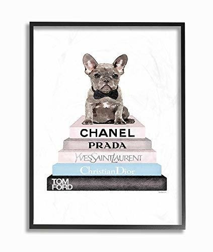 Cuadro Decorativo: Libros Azules Con Cachorro Francés Gris.