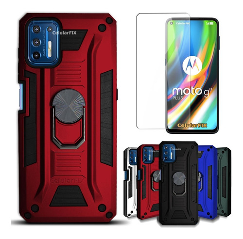 Funda P/ Moto G9 Plus, Uso Rudo Con Anillo Sujetador + Mica