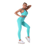 Conjunto Deportivo Lycra Push Up + Crop Top Celeste Ref 5030