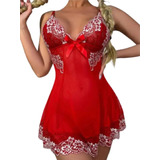 Baby Doll De Malla Roja Con Bordado Floral Para Mujer 