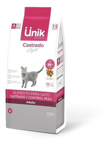 Alimento Unik Light Gato Adulto  Castrado Control Peso 7,5kg