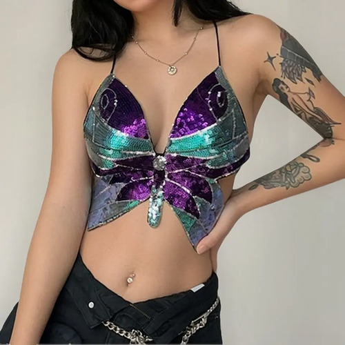 Top De Mariposa Con Lentejuelas Y Cuello Halter Nuevo Modelo