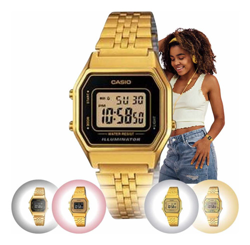 Relógio Pulso Casio Retro Vintage Pequeno Feminino Dourado