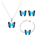 Juego Collar, Aretes Y Pulsera Mariposa Azul, Joyeria