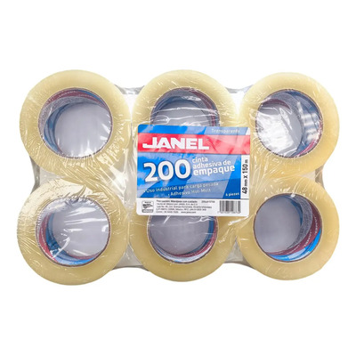 6 Pz Cinta Empaque Transparente Janel 200 48mmx150m Blanco Liso