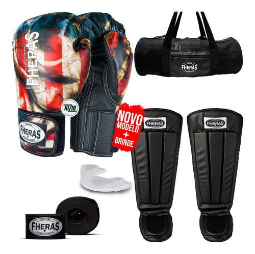 Kit Muay Thai Luva Pro Eua Bandagem Bolsa Anatômica 10oz