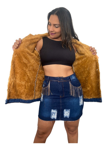 Jaqueta Jeans Parka Feminina Forrada Com Pelinhos Teddy 