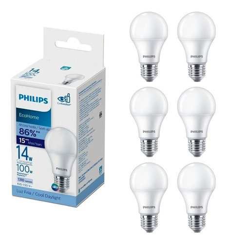 Paquete De 6 Focos 14w Led Philips 6500k Luz Fría