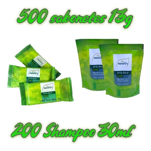  Kit 200 Shampoo 2em1 Erva Doce 30ml + 500un Sabonete 13g