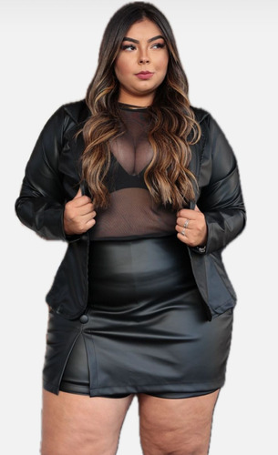 Conjunto Plus Size Blazer Couro E Short Saia Couro 