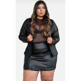 Conjunto Plus Size Blazer Couro E Short Saia Couro 