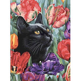 Pintura De Diamante 5d Gato Con Flores