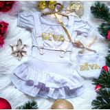 Conjunto Infantil Menina Natal Reveillon Cropped Saia  Luxo