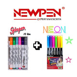 Kit Newpen Brush Pen Neon + Canetinha Sylvapen C/12 Newpen